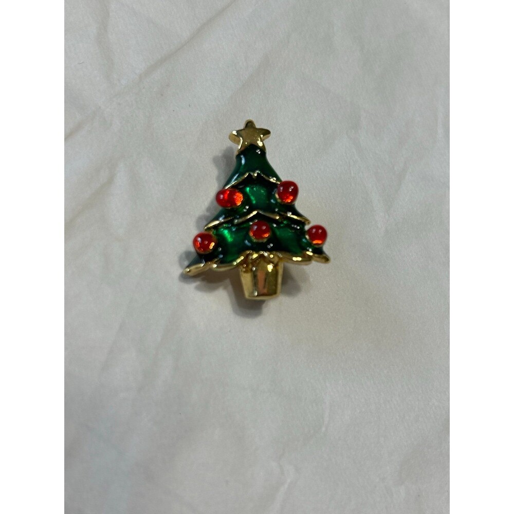 Holiday Gold Tone Tree Brooch with Red & Green Accents